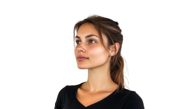 Model showcasing a calm expression and posture