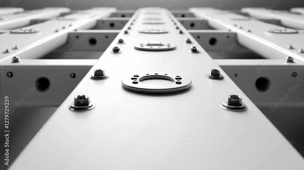 Poster close-up view of industrial metal framework showcasing bolts and circular plates in a modern setting