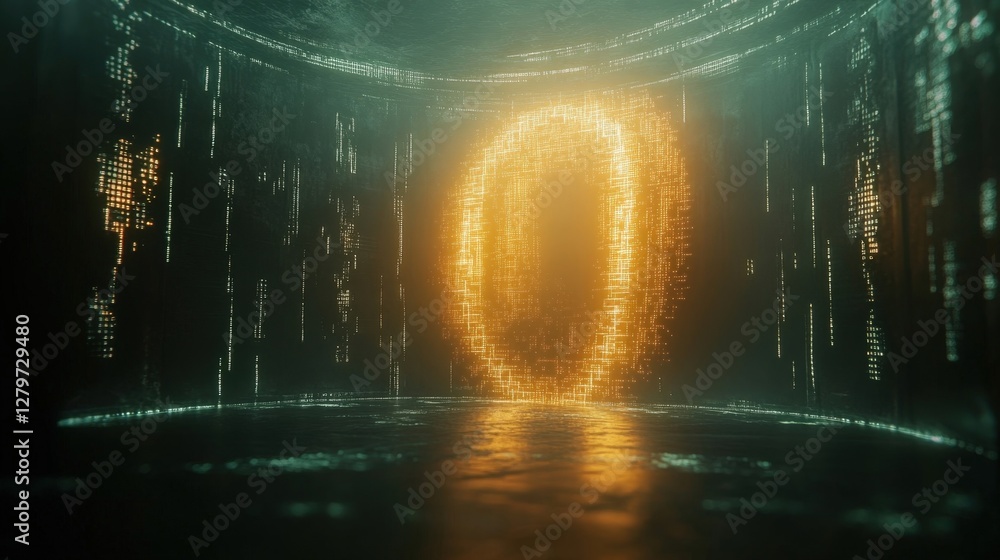 Poster an ethereal glow surrounds a dense of binary sequences and cryptographic glyphs forming a protective