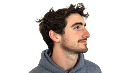 Curly haired young man looking up