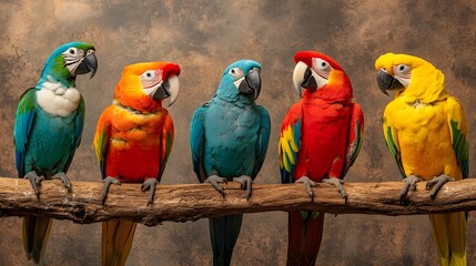 Obraz premium Colorful Tropical Parrots Perched on a Branch Against Soft Background