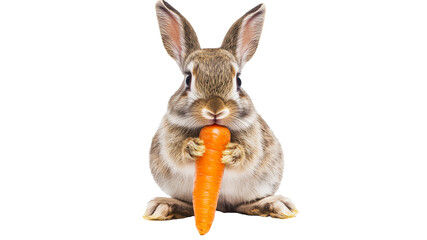 Rabbit holds carrot in a playful pose