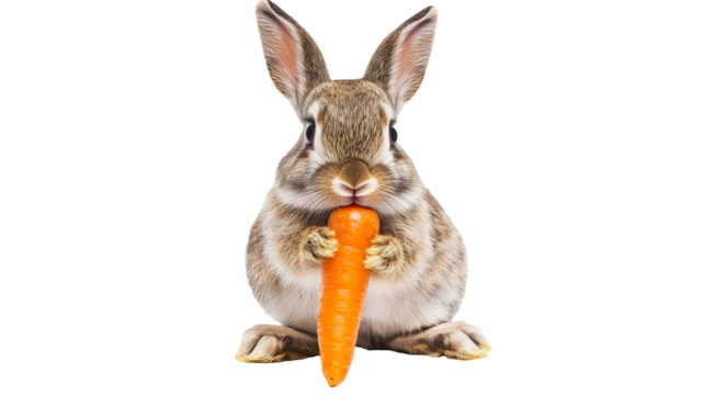 Rabbit holds carrot in a playful pose