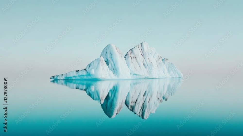 Poster large iceberg floating in turquoise ocean water with its reflection visible on the surface under a c
