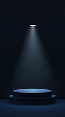 A spotlight shines on an empty podium against a dark blue background, creating an empty, dark scene in the studio room with a night view.
