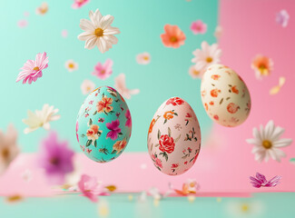 Colorful Easter eggs with floral patterns, floating in the air against a teal and coral background, with flowers on the side, in a minimalistic flat lay close-up.