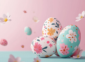 Fototapeta premium Colorful Easter eggs with floral patterns, floating in the air against a teal and coral background, with flowers on the side, in a minimalistic flat lay close-up.