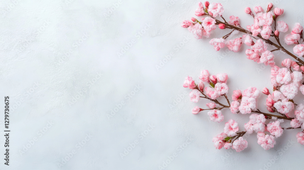 Poster delicate pink flowers emerge vibrantly against a snowy background symbolizing the arrival of spring.