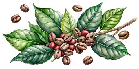 Fototapeta premium Minimalist coffee plant art print featuring delicate watercolor beans and leaves. A simple, sophisticated design.