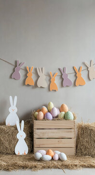 An Easter bunny garland in bright colors on a wall, in a room with a straw-covered floor and a wooden box full of Easter decor.Minimal creative holiday interior concept.Copy space,flat lay 