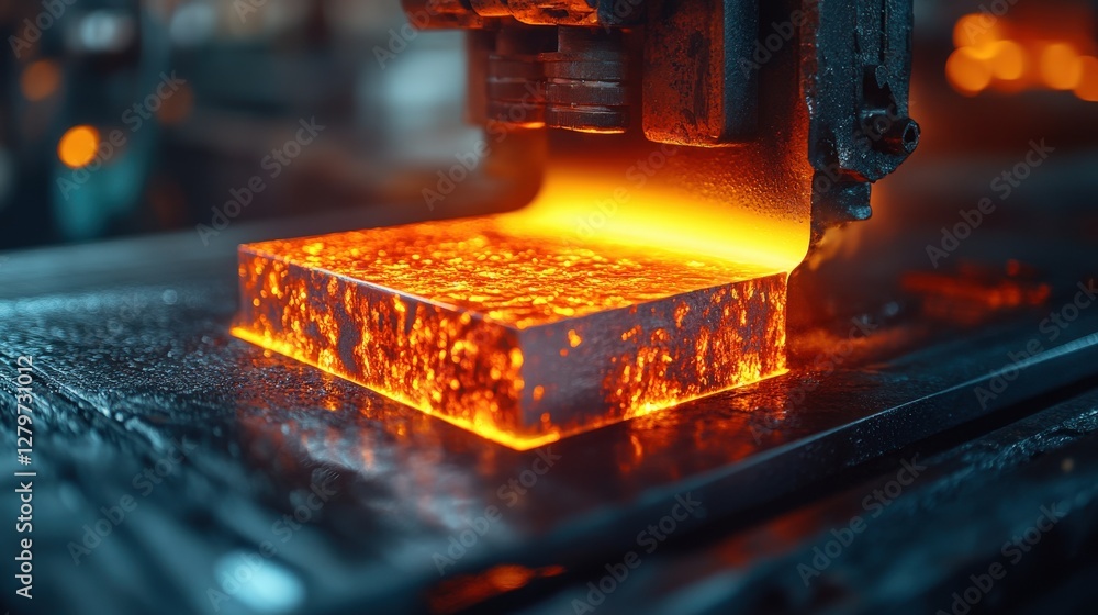 Poster glowing hot metal block undergoing industrial processing; close-up view of intense heat and metallic