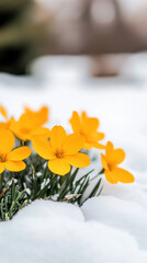 Bright yellow flowers emerge through a blanket of fresh snow symbolizing the arrival of spring. The vibrant blooms stand out against the chilly winter backdrop inviting warmth and growth