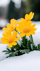 Vibrant yellow flowers emerge triumphantly from fresh snow signaling the arrival of spring. Their bright petals contrast beautifully against the white blanket creating a cheerful atmosphere