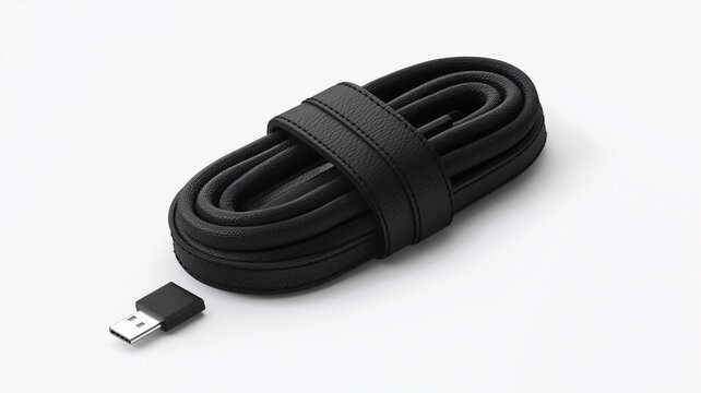 Photorealistic image of a black leather charging cable organizer with a secure snap, isolated on a white background
