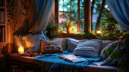 Cozy reading nook with calming colors and soft lighting, encouraging relaxation and mental wellness through a stress-free atmosphere.