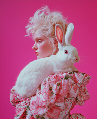 An eccentric blonde woman wearing floral clothing, holding a large bunny against a unique, empty pink background.Minimal creative Easter fashion advertise concept with copy space.