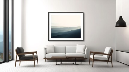 Fototapeta premium Modern wall art a minimalist living room featuring a framed ISO A poster enhancing the clean lines and modern furniture