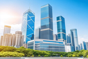 Fototapeta premium Modern Skyscraper Complex with Glass Facades Against Clear Blue Sky and Green Landscape