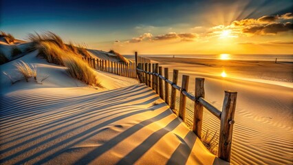Sandy beach fence, architectural photography showcasing a weathered wooden dune barrier.