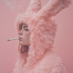 Obraz premium A portrait of a woman wearing a furry pink bunny suit, smoking a cigarette against a pastel pink background. Minimal, creative fashion editorial Easter holiday concept with copy space.