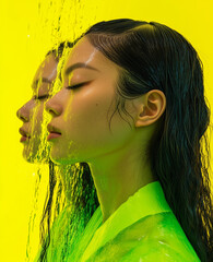 Asian women with long hair are styled in a surreal, high-contrast fashion magazine cover with a green and yellow palette, creating a dreamlike aesthetic. Advertisement for hairstylists.
