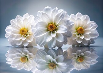 Studio lighting illuminates a pristine white floral still life; three blossoms, perfectly detailed.