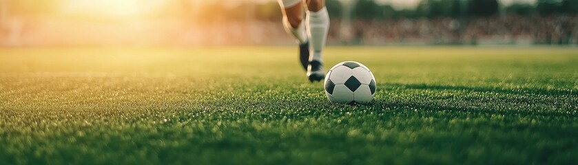 Soccer Player Running Towards Ball on Green Field During Golden Hour with Soft Sunlight in Background