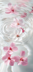 A white background with pink and white flowers floating in clear water, creating ripples.