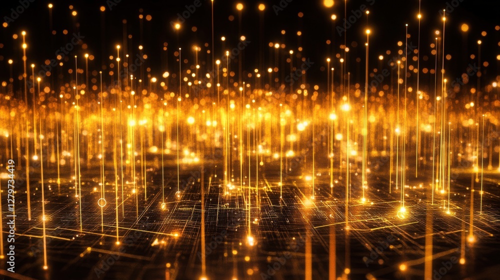 Poster abstract golden light particles creating a vibrant digital landscape with glowing lines and depth