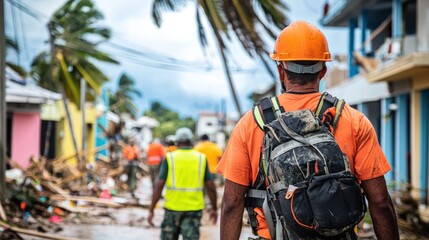 A rescue team helping people in a hurricane-hit area, showcasing unity and support