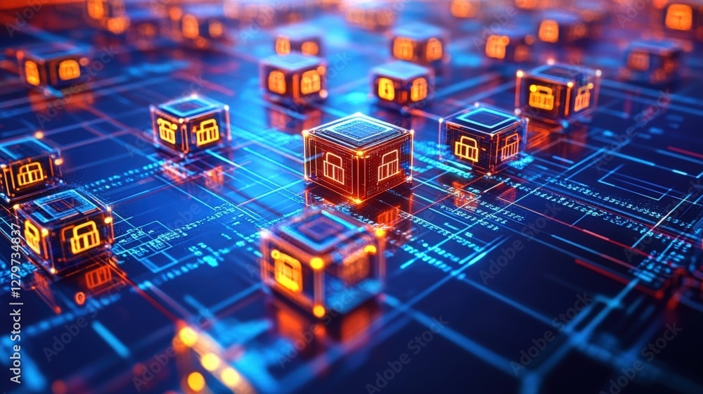 Poster blockchain technology secures digital information with glowing padlock icons on interconnected block
