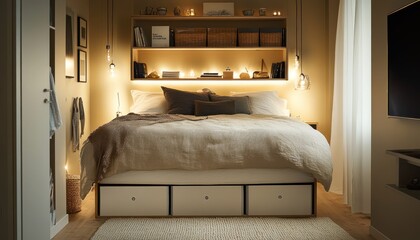 A cozy small bedroom with clever storage, warm colors, and soft lighting 2. Generative AI