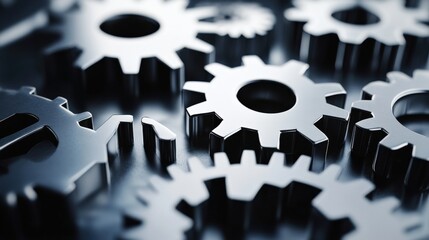 Close-up of interlocking metallic gears on a dark surface, showcasing intricate machinery details