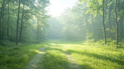 Fototapeta premium Sunlit forest path, misty morning, tranquil nature scene, ideal for travel brochures