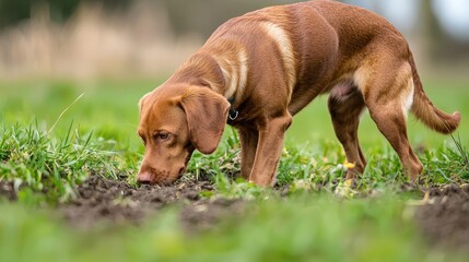 A dog sniffing the ground during a hunt for small animals in a grassy area