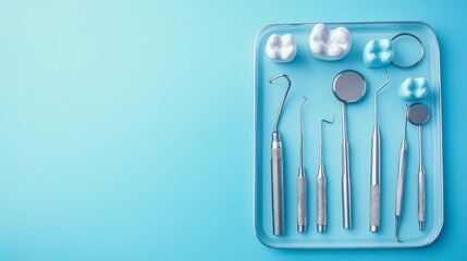 Organized dental tools a tray viewed from above clean professional clinic design blue background