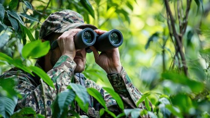 Fototapeta premium A hunter in camouflage gear observing wildlife with binoculars in a dense forest