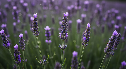 Obraz premium Dewdrops cling to lavender sprigs, amplifying their soft purple hues and releasing a soothing fragrance into the crisp air.