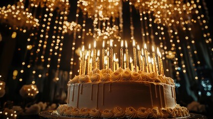 Obraz premium A hundred candles glowing brightly on a large birthday cake in a festive atmosphere