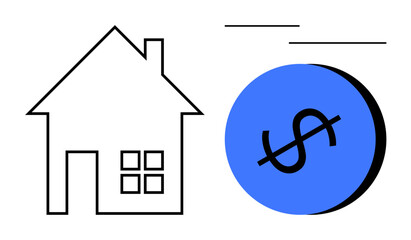 Outline of a house next to a blue circle with a dollar sign. Ideal for financial planning, mortgage discussions, real estate investment, economic stability, home loans, budgeting, wealth management