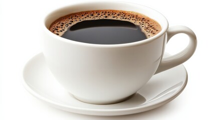 Black Coffee in a White Ceramic Cup with Saucer on Bright Background