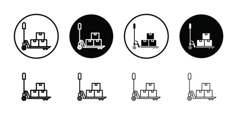 Hand pallet jack icon Black line art vector logo set