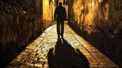 A dramatic shadow of a hunchback figure walking through a dimly lit alleyway