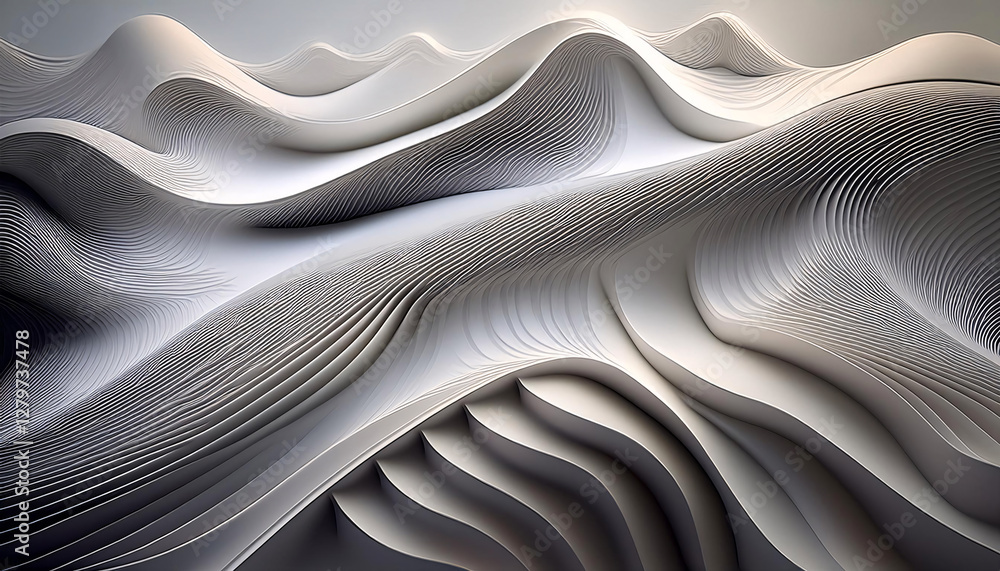 Poster a digital landscape with abstract monochrome waves flowing, showcasing the fluidity and precision. g