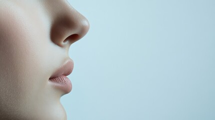 Profile of a woman breathing, showing perfect nose and lips after rhinoplasty surgery, ideal for beauty, cosmetology, and healthcare related themes