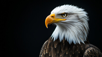 Obraz premium Close-Up Portrait of a Bald Eagle: Striking White Feathers and Intense Gaze Set Against a Bold Black Background, Highlighting the Majesty and Power of This Iconic Bird of Prey