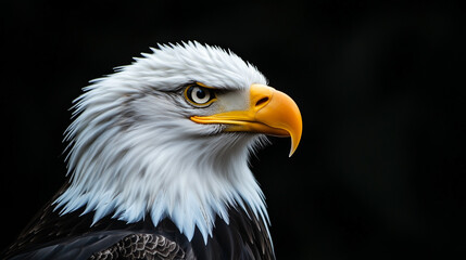 Obraz premium Close-Up Portrait of a Bald Eagle: Striking White Feathers and Intense Gaze Set Against a Bold Black Background, Highlighting the Majesty and Power of This Iconic Bird of Prey