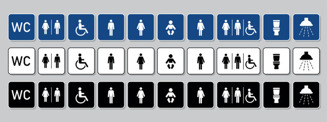 restroom icon set, square toilet signs collection, male, female and neutral gender, vector Illustration