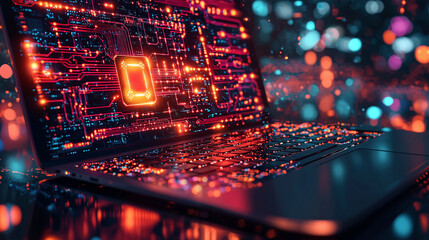 Close up of a laptop with abstract glowing AI chip on blurry background. Artificial intelligence and innovation concept. 