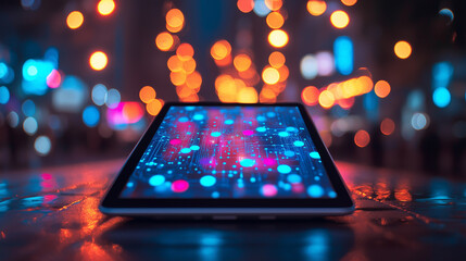 Close up of a tablet with abstract glowing AI chip on blurry background